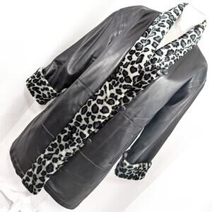 ATLANTIC BEACH! VEGAN LEATHER, BLACK/GRAY CHEETAH LEOPARD FAUX FUR COAT! SZ L